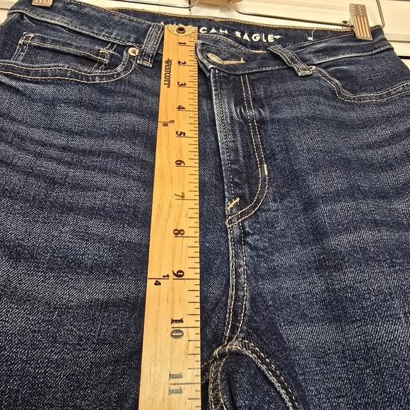 AMERICAN EAGLE Mom Straight Jeans Women 2 Blue Stretch High Rise Raw Hem Western - Picture 12 of 14